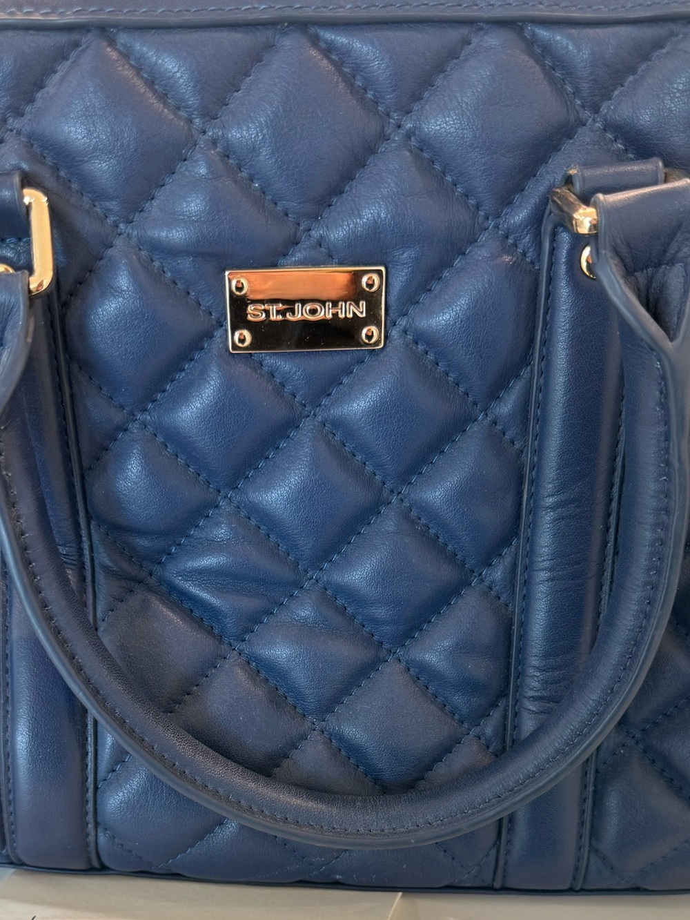 St. John Quilted Blue Leather Satchel with Gold Hardware